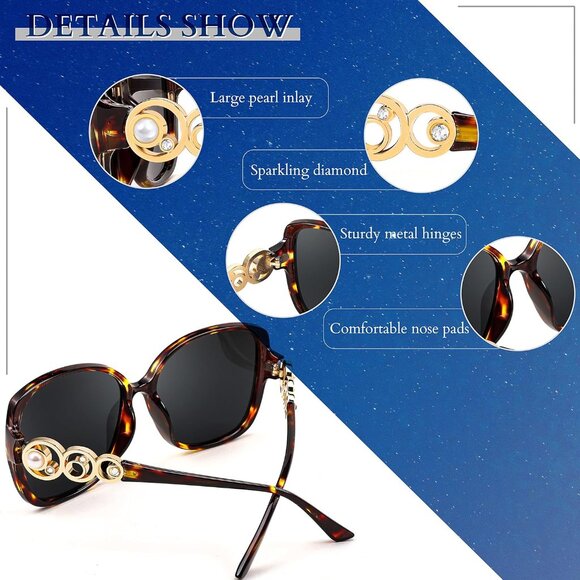 Women's Fashion Square Sunglasses Brown Frame Pearl Sparkling Eyes Protection - Picture 4 of 9